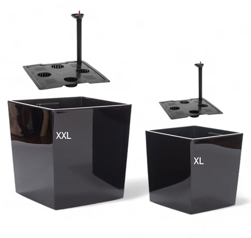 MELTOM Blumentopf Selbstbewässerungstopf 2er Set Eckig 29+38,5 cm Schwarz | Hochglanz-Optik, Wasserstandsanzeiger, herausnehmbarer Einsatz, Gefäße 21 & 53 L, Einsätze 16,5 & 40 L, innen & außen
