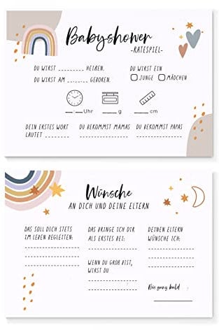 Sellerrocket 25x Babyshower Ratespiel Karten zum Ausfüllen – Tippkarten Jungen und Mädchen – Tolles Spiel für die Babyparty und Gender Reveal Feier – 25 Karten quer