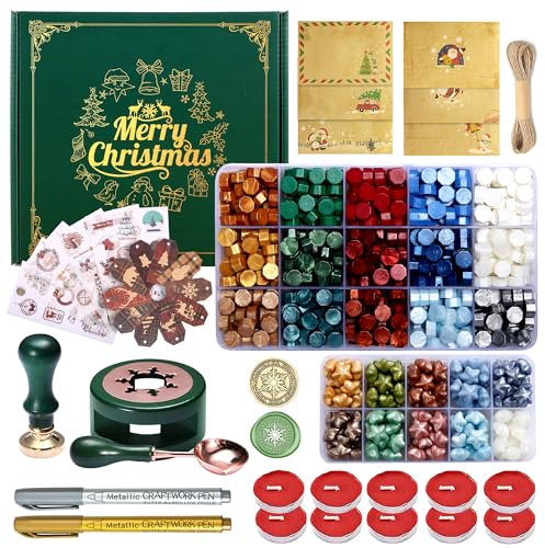 Comealltime Merry Christmas Wachssiegel-Set mit Schneewachs-Siegelstempel, 25 Farbe Wachssiegelperlen mit Siegelwachswärmer, Wachssiegel-Stempel-Set für Geschenk und Handwerk