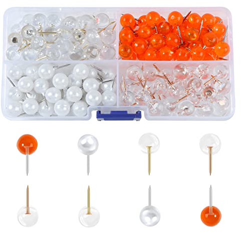 VAPKER Reißzwecken mit rundem Kopf, 9,5 mm, 160 Stück, transparente Pinnnadeln, rotgoldene Nadeln, orangefarbene Karte, Reißnägel, perlweiße Pins für Bilder, Pinnwände, Stoffmarkierung, Wandkarten
