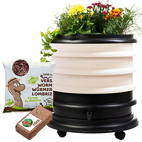 WORMbox | Wurmkomposter Wurmfarm Wurmkiste mit 3 Schalen Elfenbein + Pflanzgefäß + 500g Kompostwürmer / 1000 STK + 1 Coco | 48 Liter | Regenwurmkomposter, Kompostwürmer produzieren Wurmhumus