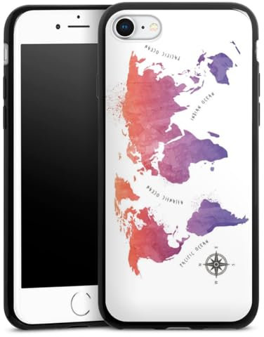 Slim Case extra dünn kompatibel mit Apple iPhone SE (2022) Silikon Handyhülle schwarz Hülle Weltkarte Kompass Farbverlauf