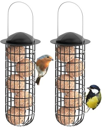 iBorn 2 Stück Meisenknödelhalter,Metall Meisenknödel Halter mit Dach,Meisenknödelr Vogelfutterspender zum Aufhängen,Futterspender für Wildvögel Garten Balkon,Eisen,26cm,Schwarz