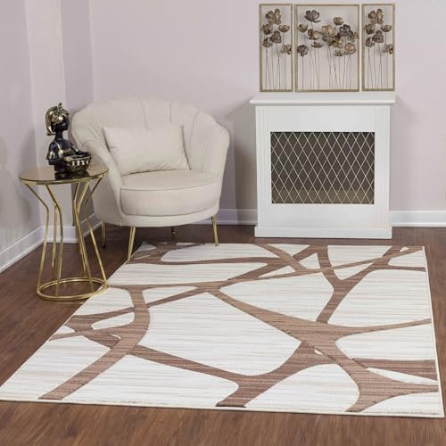 Livabliss Santa Cruz Teppich Läufer modern – Abstrakt Design in Marmor Optik für Wohnzimmer 80x150 cm, Esszimmer, Schlafzimmer – Marmor Teppich groß, weicher Teppich Kurzflor, Beige, Braun, Weiß