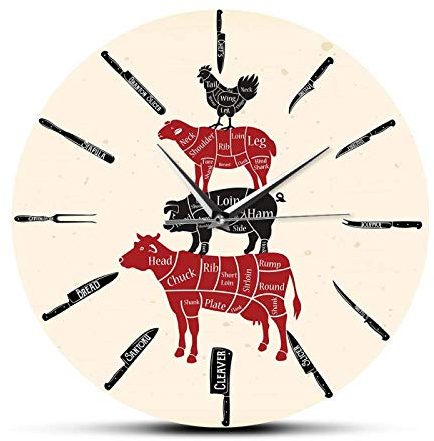 OTKU 12 inch Silent Ticking Wall Clock Kitchen Knives Butcher Shop Wall Clock For Chef Cook Beef Mutton Pork Chicken Meat Cuts Diagrams For Meatman Clock Wall Watch For Home Wall Decor