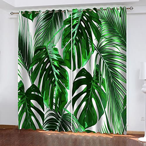 GSKOQD Vorhang Blickdicht Vorhänge Verdunkelungsvorhang Gardinen Mit Ösen Wohnzimmer Schlafzimmer Thermovorhang 3D Tropische Grüne Blätter Muster Ösenschal 2Er Set Fensterdekoration 240X230Cm (B X