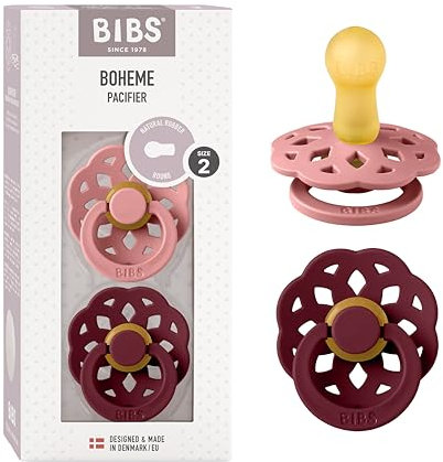 BIBS Boheme Schnuller 2er-Pack. BPA-frei, Kirschform Nippel. Naturkautschuk/Latex, Hergestellt in Dänemark, Größe 2 (6-18 Monate), Dusty Pink/Elderberry