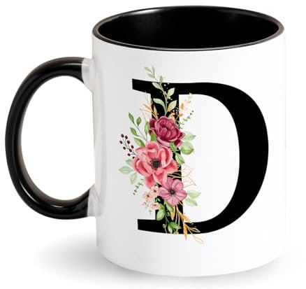 Tasse mit Initialen - Keramik Tasse mit Buchstabe und Blumen - Kaffeetasse mit Anfangsbuchstaben Schwarz Tasse Geburtstagsgeschenk für Frauen Freund Personalisiert Geschenke für Geburtstag (D)