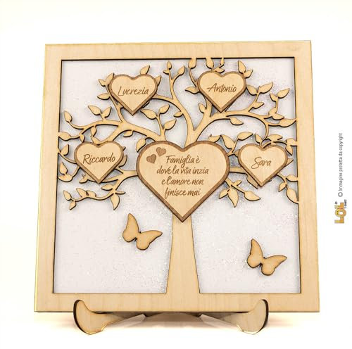 Lol t-shirt - Albero della Vita Personalizzato in Legno con Nomi della Famiglia e Frase Personalizzabile – Decorazione Artigianale con Glitter e Base Elegante, Idea Regalo per Natale e Tutto l’Anno