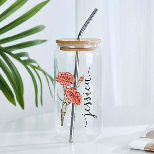 Drawelry Personalisiert Namen Wasser Gläser mit Geburt Blume Gedruckt Bambus Deckel und Stroh 450ml Long Trinkgläser Kaffee Milch Getränke Cocktail Bier Tee Glas Tasse für Familie Party Bar (A)
