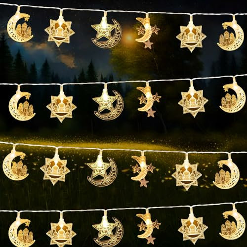 HIQE-FL Ramadan Eid Lichterkette, 6M 40 LED Stern Mond Muslim Dekoration, LED Eid Stern Mond Lichterketten (C)