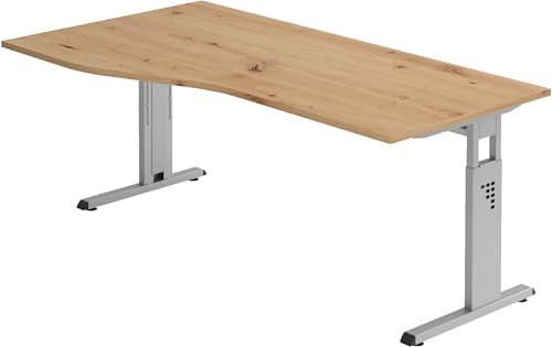 Bümö höhenverstellbarer Schreibtisch O-Serie 180x100 cm in Asteiche, Gestell in Silber - großer PC Tisch für's Büro manuell höhenverstellbar, Computertisch verstellbar