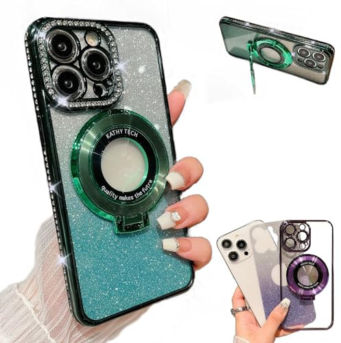 Zlimpty Glitter Rhinestones Magnetic for iPhone Case with Invisible Stand, Transmitg Glitter Rhinestones Gradient with Lens Protection for iphone 15/14/13/12 case (Green,for iPhone 15plus)
