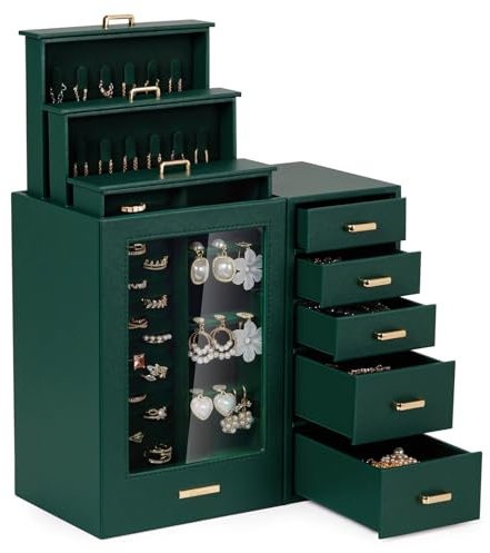 Seelux Schmuckkästchen in Weiß mit 8 Schubladen, Glasfenster für Halsketten, Ringe, Armbänder, Ohrringe Schmuckkoffer Schmuckschatull Schmuckkasten (Dunkelgrün)