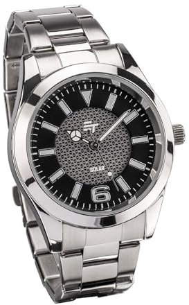 EUROtops Orologio da uomo solare ibrido – orologio solare con batteria, analogico al quarzo, cinturino a maglie in acciaio inox, grigio/argento, lancette differenziabili/fluorescenti, orologio