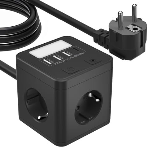 4Fach Steckdosenleiste mit USB C,Steckdosenwürfel USB mit Nachtlicht, Mehrfachsteckdose Würfel mit Schalter, Mehrfachstecker Verteilersteckdose für Zuhause Büro, 1,5m Kabel Schwarz
