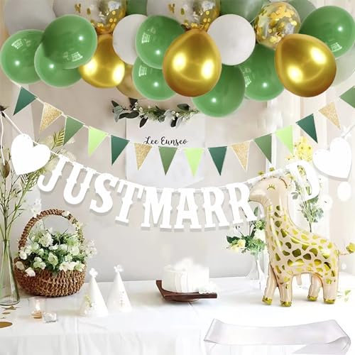 MOSNOW Luftballons Hochzeit Deko Salbeigrün,Just Married Girlande Ballons,Luftballons Grün Gold Weiß,Hochzeitsdeko Luftballons Set,Wimpelkette Outdoor Grün