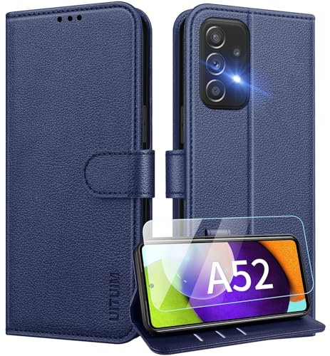 UITUIM Handyhülle für Samsung Galaxy A52 5G / A52s 5G / A52 4G Klapphülle Leder Hülle mit Glas Schutzfolie Flip Case Cover Klappbar Schutzhülle Handytasche für Samsung A52s 5G / A52 5G/4G,Blau