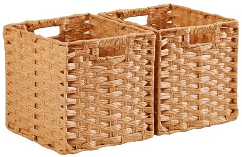 Mangata 28 cm Storage Cube Boxes, Rattan Effect Storage Baskets, Wicker Woven Polyrattan Material Closet Organizer, 28x28x28 cm, Anti-Mould, Easy to Clean(Popcorn, 2 Pack)