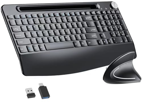 Sksyloo Tastiera e mouse ergonomici full-size, tastiera wireless da 2,4 GHz e mouse verticale con supporto per tablet e telefono, poggiapolsi per computer, Mac, PC, laptop, Chromebook, nero