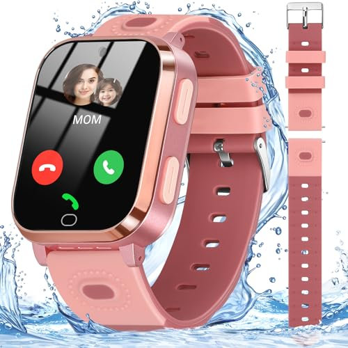 Noctiluxia Smartwatch Kinder GPS, 4G Watch Telefon, Wasserdicht, SOS Phone, Videoanruf, Zwei-Wege-Anrufe, Echtzeit Chat, Kamera, Schrittzähler, Wecker, für 4-12 Jungen und Mädchen (Rosa)