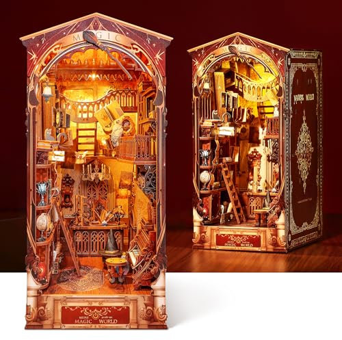 FUNPOLA Puzzle 3D en Bois Book Nook Kit, Maquette en Bois à Construire Puzzle 3D Maison de poupée Miniature à Monter soi-même avec lumière LED, Serre-Livres à insérer dans Une étagère (Monde Magique)