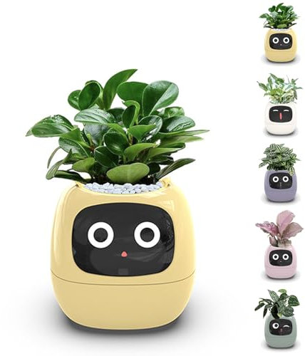Plantagotchi Smart Plant Pot, Ai Smart Planter, Lazy Automatic Water-Absorbing Flowerpot, Smart Pet Planter Robot Guidance On Plant Care With Emoji, for Indoor Decoration, Gift (Yellow)