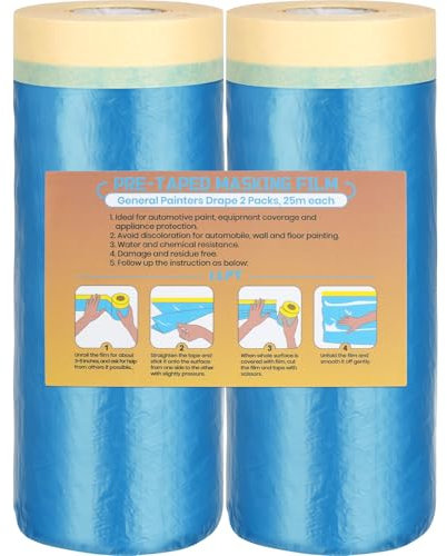 LLPT Tape and Drape Pre-Taped Masking Film | 2 Rolls | Self-Adhesive Painting Drop Film | Plastic Dust Sheets for Decorating, Cars Painting| (CMF110) | 110cm(Unfolded) x 25m