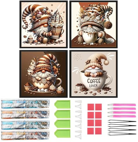SHEGZHUC 4 Pack Diamond Painting Wichtel Kaffee 30x30cm Diamond Painting Gnome Kaffee Zwerge Nachtisch Kuchen Eiscreme Küche Diamant Malerei Kunst Stickerei Kreuzstich Bilder Geschenk Wanddekoration