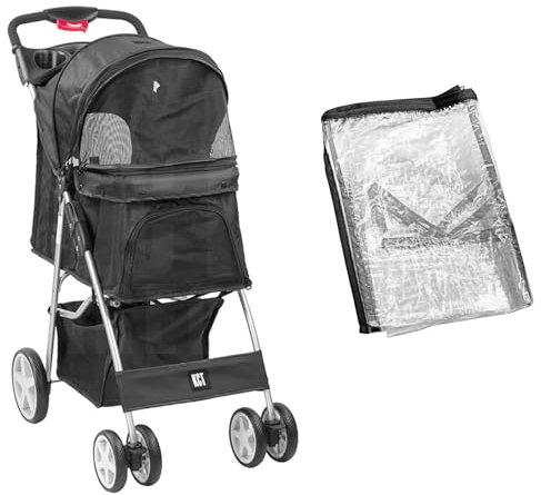 KCT Hooded Foldable Pet Dog Cat Stroller with Waterproof Rain Cover - Black - 4 Wheel Travel Carriage with Safety Leash, Canopy, Cup Holder, Storage Tray