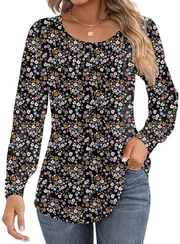 Cuptacc Langarmshirt Damen Rundhals Puff Ärmel Mit Knöpfen Tshirt Plissee Lässig Herbst Damen Top Schwarz Rosa Geblümt Mittel M 38-40