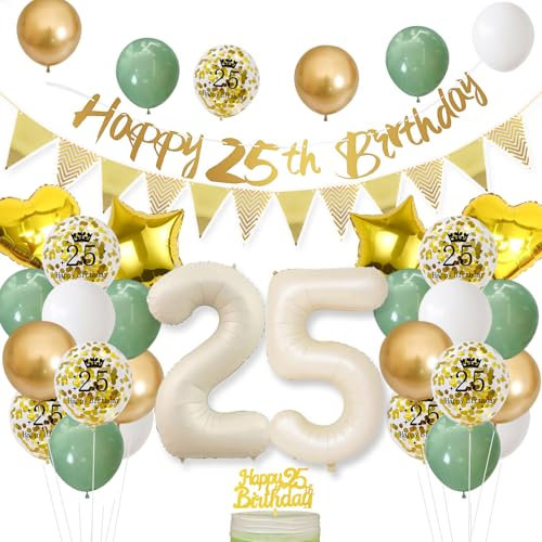 25 Geburtstag Frauen Männer ,Deko 25. geburtstag Frauen,Salbeigrüne Geburtstagsdeko 25 jahre Frauen,Folienballon Zahl Luftballon 25.Geburtstag Happy Birthday Girlande Geburtstagsdeko Frauen 25 Jahr
