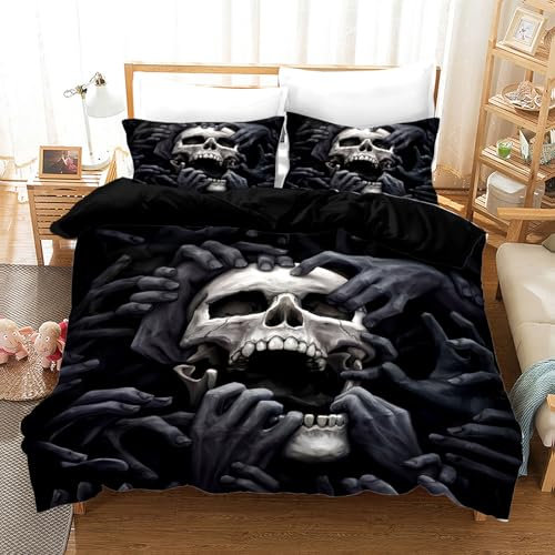 UGZDEA Totenkopf Bettwäsche Set 135x200cm, Gothic Schwarz Skull Motiv Print Bettwäsche Set, Halloween Microfaser Bettwäsche Set Mit Reißverschluss (Totenkopf-1, 135x200cm)