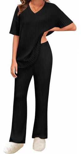 UMIPUBO Zweiteiler Damen Loungewear Set Homewear Sommer 2 Pieces Outfits Elegant Hosenanzug Oberteil mit V-Ausschnitt und Weites Bein Hosen Lounge Sleepwear Freizeit Sets (Schwarz, L)