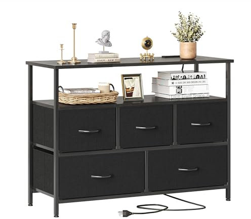 MUTUN Chest of Drawers with 5 Drawers, Black Bedroom Dresser with Charging Station and Shelf, Fabric Storage Drawers, TV Stand Unit, Storage Drawer Units for Living Room, Hallway, Wardrobe