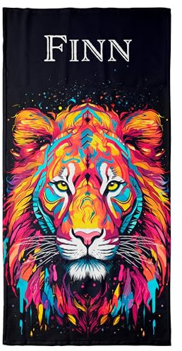 Handtuch mit Namen Löwe – Ein einzigartiges, bedrucktes Handtuch als persönliches Geschenk für Familie und Freunde. Pop-Art-Animals, Geschenke für Freundinnen, Freunde und Partner! - 100 x 50 cm