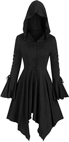 Generisch Long Sleeve Medieval Vintage Gothic Patchwork Cape Jacket with Hood Irregular Hem with Braces Coat Dress Medieval Cups and Goblets, black, M