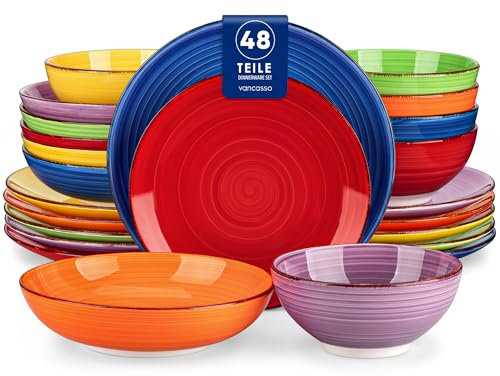 Geschirrset 12 Personen, vancasso Bonita 48tlg Tafelservice Steingut, modernes Ess Teller set und Schalen Set mit je 12 Speiseteller, Salatteller, Suppenteller und Schalen