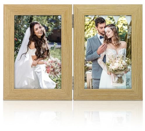 heedpeiur Doppelter Bilderrahmen Faltbar 13 X 18 cm, Klappbarer Bilderrahmen Aus Holz, Faltbar Bilderrahmen Collage, für Tischausstellung oder Geschenke (Hellbraun)