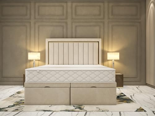 YB INTERIORS LTD Golden Striped Ottoman Divan Liner Beds – Single Divan Bed Frame | 49” Matching Floor Standing Headboard | Ottoman Storage 3FT Single Divan Bed Base Plush Velvet