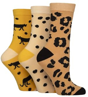 SockShop Wildfeet Ladies Cotton Novelty Patterned Socks Pack of 3 (UK, Numeric, 4, 8, Regular, Regular, Animal Print)