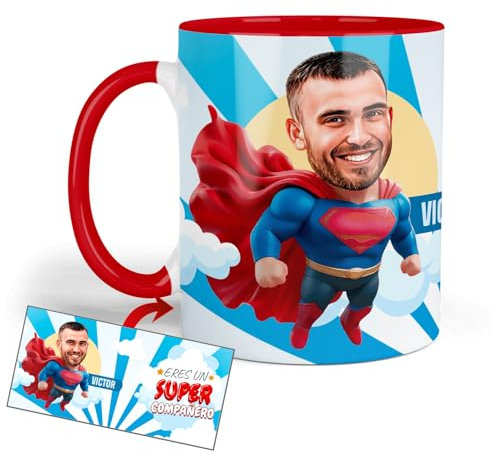 Kembilove Taza Personalizada Superhéroe con Caricatura | Regalo Divertido para el Mejor Compañero de Trabajo | Diseño Único con Cuerpo de Superman | 330ml Apta para Microondas y Lavavajillas