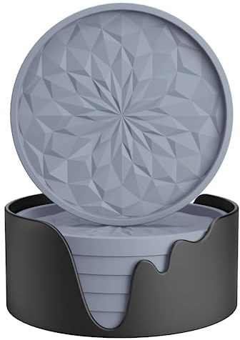 STLIAN Lot de 6 dessous de verre en silicone avec support, sous-verres pour boissons chaudes ou froides, épais, antidérapant, antidérapant, plateau profond, gris clair