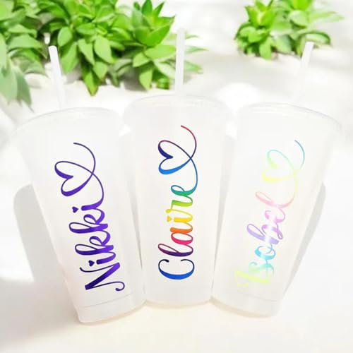 Personalised Heart Name Cold Cup with Straw and Lid, 24oz Reusable Venti Tumbler, Hen Party Favours, Christmas Secret Santa, Birthday Gift for Kids and Adults, Iced Coffee, Latte