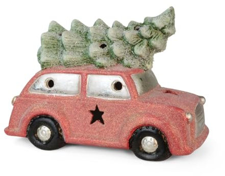 Riffelmacher LED Deko-Auto mit Tannenbaum | Keramik Rot Grün | 23×15,5 cm | Weihnachtsdeko mit Licht | Nostalgische Dekofigur mit Charme | 70313