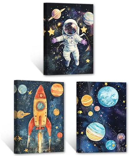 CCWACPP Astronauten-Leinwandbild Weltraum-Wanddekoration für Kinderzimmer 3 Paneele Raketenbild Planetendruck Astronauten-Kunstwerk Kinderzimmer Dekor gerahmt (28x35cmx3)