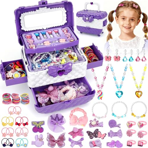 Flybay Kinderschmuck Mädchen Spielzeug für 3-12 Jahre, Kinder Schmuck Set mit Halskette Ring Haarspangen & Haargummis, Geburtstag Weihnachts Geschenke Mädchen 3 4 5 6 7 8 Jahre