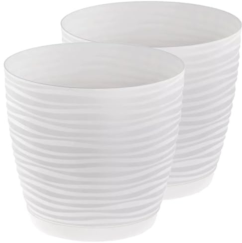 Home Garden Ornaments Plant Pots Indoor – Set of 2 Plastic Flower Pots with Saucer and Drainage Holes, Decorative 3D Wave Design (White, 11cm / 4.3 inch)