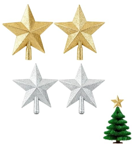 4er Christbaumspitze Stern Kunststoff Glitzer, 10cm Glitzer Christbaumspitze Stern, Baumstern Deko in Gold und Silber, Weihnachtsbaumdekoration für kleine Tannenbäume