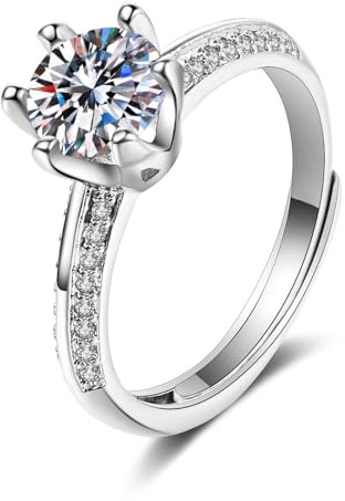 Wycian Verlobungsringe Nickelfrei Ring Glitzer Damen Silber 9K Weißgold Moissanit Sechs Krallen mit 1 Karat Zirkonia Größe 50 (15.9) Modern für Lesben Thanksgiving Gravur